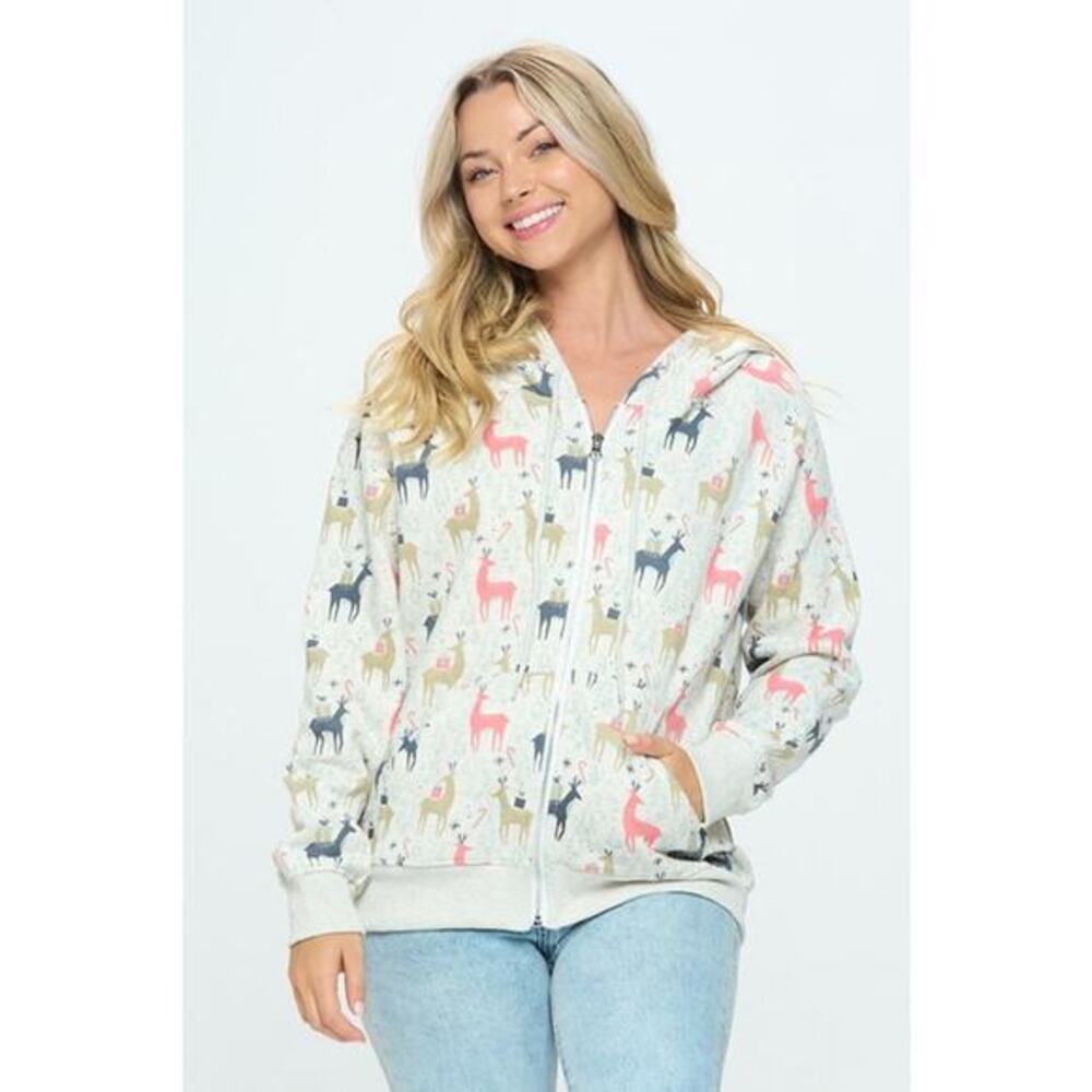 SM Wardrobe Size Small Colorful Reindeer Print Zip Up Hoodie